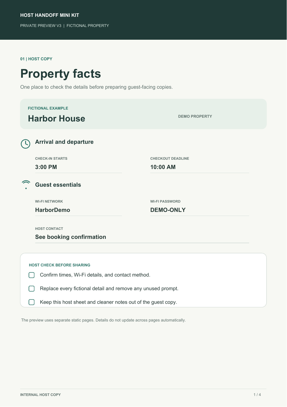 Fictional Harbor House host information sheet from the static four-page PDF preview